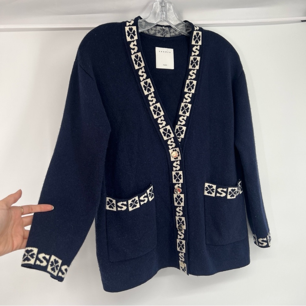 Sandro Logo Trim Designer Wool Blend Navy Blue Classic V Neck Cardigan Sweater 0 - Picture 3 of 10